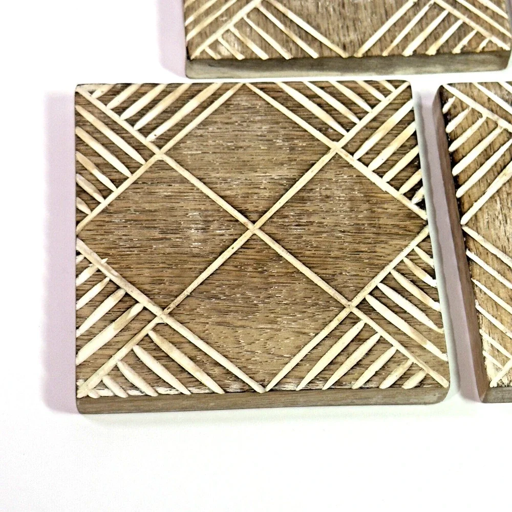 Real Wood Coasters Set of 4 Rustic Carved Geometric Boho Tribal Eclectic 4 Inch